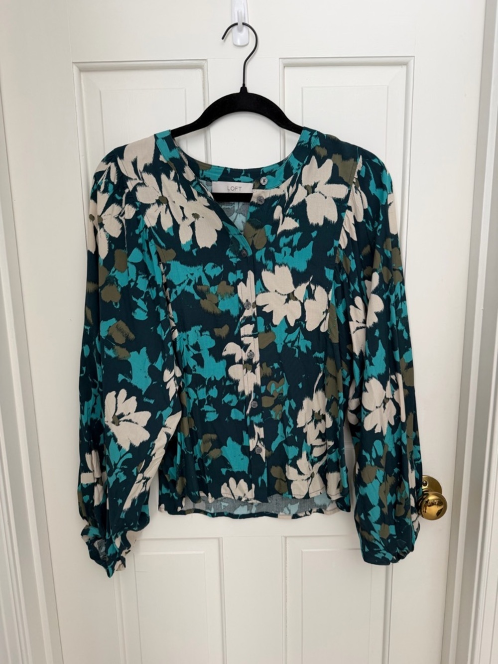 LOFT Teal Floral Button-Front Blouse with Cream Flowers